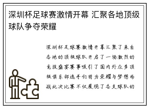 深圳杯足球赛激情开幕 汇聚各地顶级球队争夺荣耀