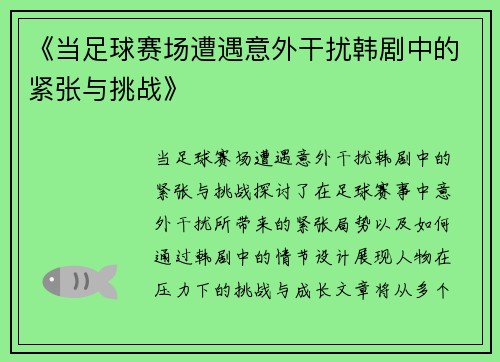 《当足球赛场遭遇意外干扰韩剧中的紧张与挑战》