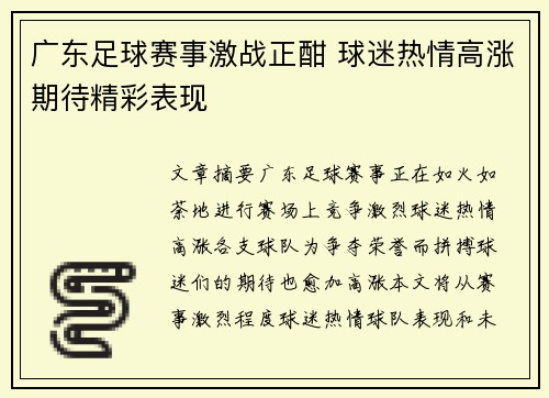广东足球赛事激战正酣 球迷热情高涨期待精彩表现