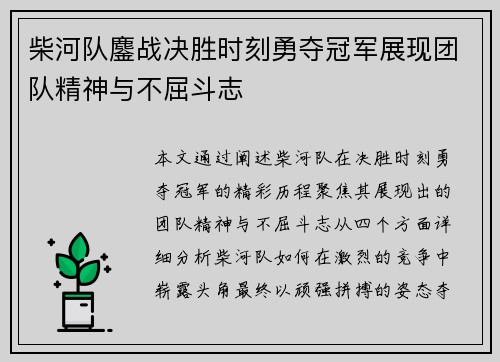 柴河队鏖战决胜时刻勇夺冠军展现团队精神与不屈斗志