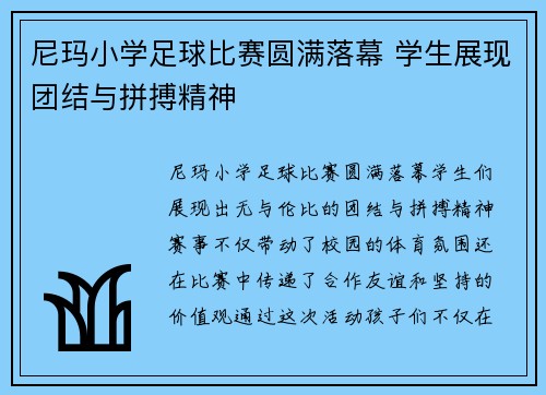 尼玛小学足球比赛圆满落幕 学生展现团结与拼搏精神