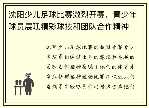 沈阳少儿足球比赛激烈开赛，青少年球员展现精彩球技和团队合作精神