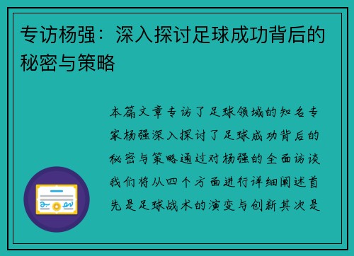 专访杨强：深入探讨足球成功背后的秘密与策略